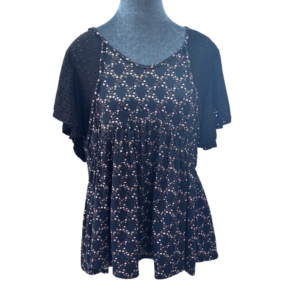 Sugarfox Cottagecore Boho Romantic Floral Black Ditsy Print Stretch Jersey Top L